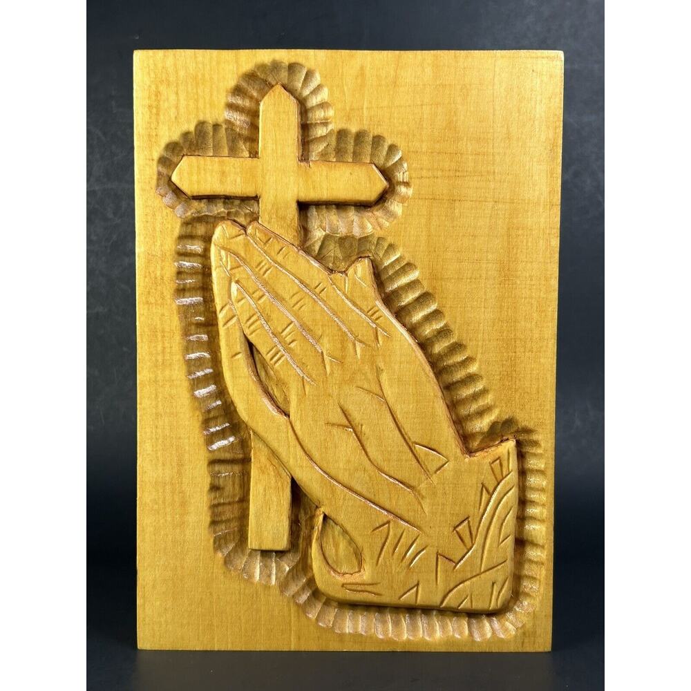 Praying Hands Carved Wood Plaque Cross Religious Wall Hanging Christian Decor 8"